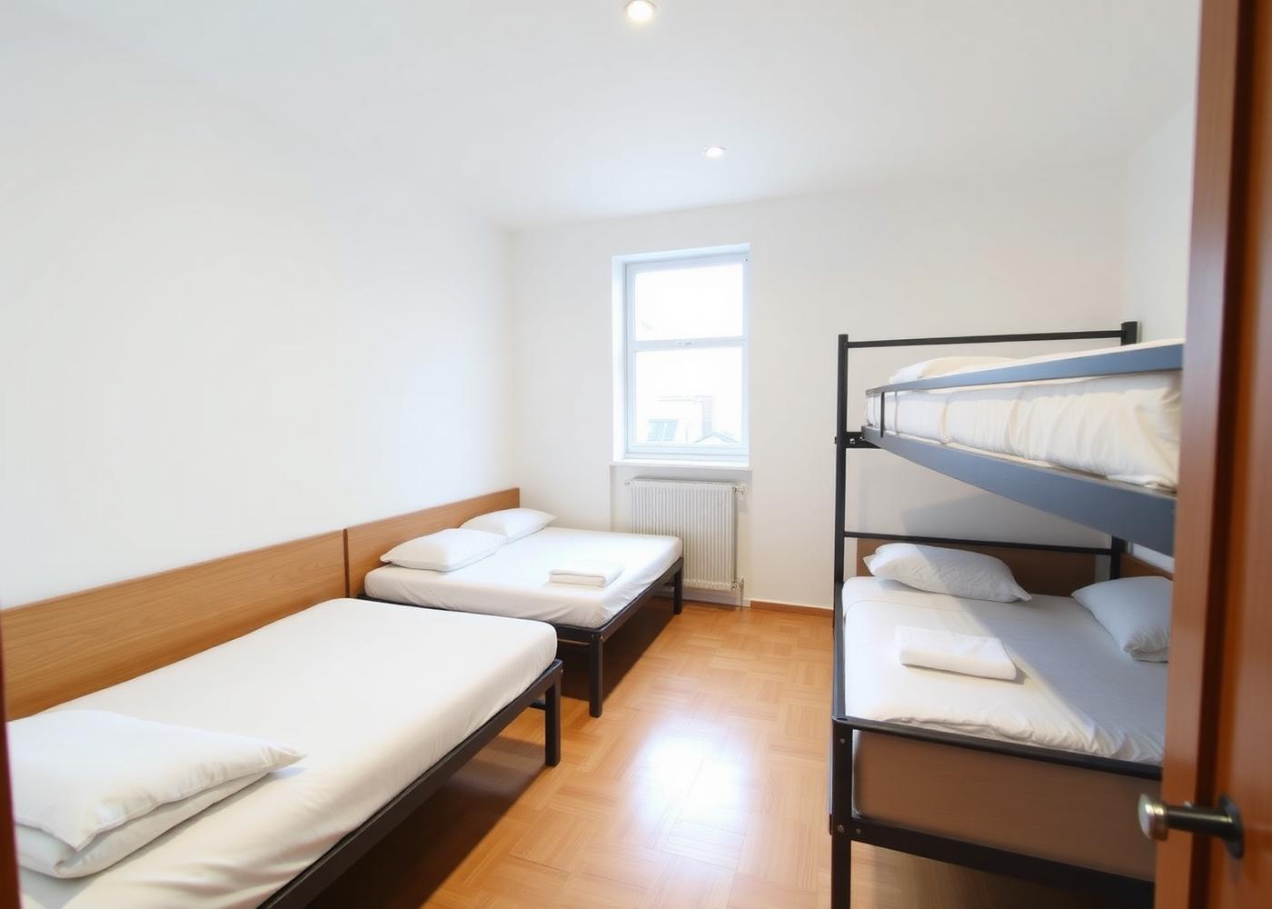 Clean dormitory with four single beds